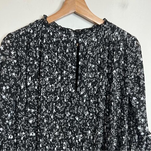 Zara Womens Size Large Black Ditsy Floral Print Long Sleeve Pleated Mini Dress - Picture 6 of 9